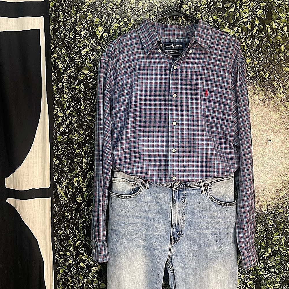 Ralph Lauren Men's Blue Plaid Shirt Classic Fit Large